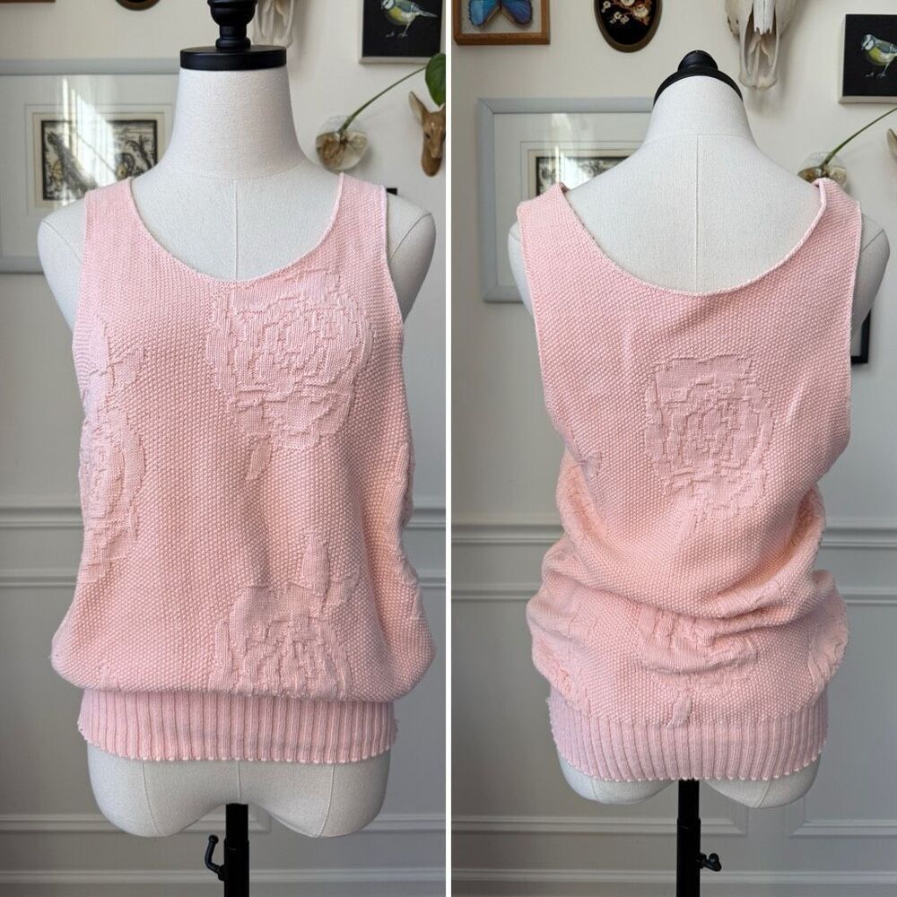 Vintage 80s 90s 100% Cotton Knit Pink Peach Texture Floral Tank Top S M